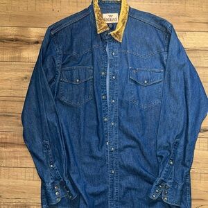 King Ranch Denim Shirt with Gold Accents and suede collar